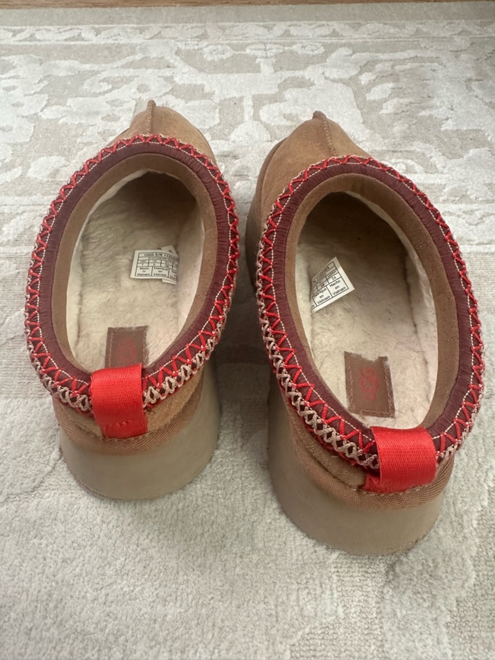 UGG Chestnut Brown Suede Slip-On Slippers with Red Trim - Picture 6 of 6